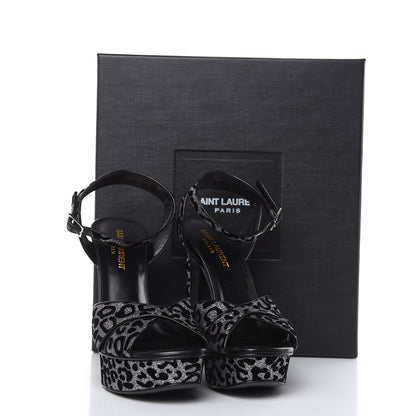 Saint Laurent Velvet Glitter Leopard Print Platform Sandals 37.5 Argento Black 9 of 9