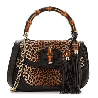 Gucci Calf Hair Jaguar Print Medium New Bamboo Top Handle Bag Brpwn 1 of 9
