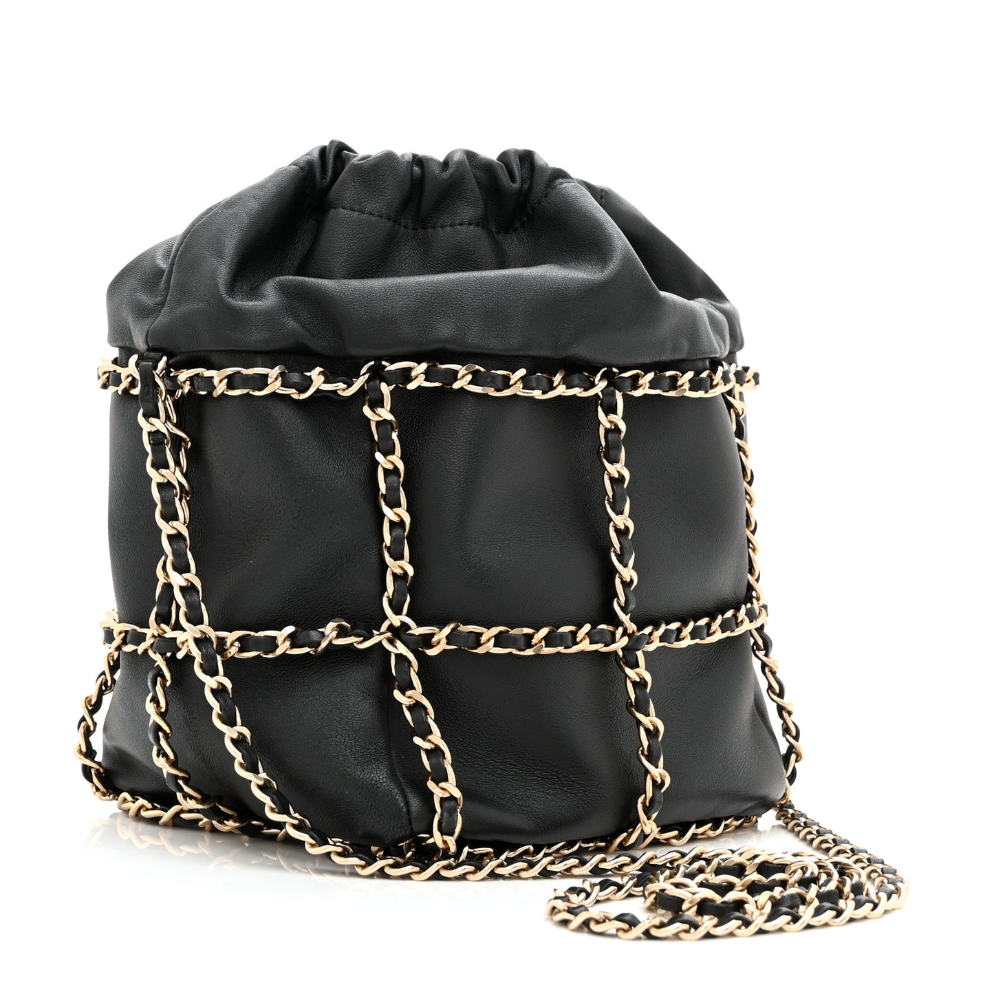Lambskin Bucket Chain Drawstring Bag Black