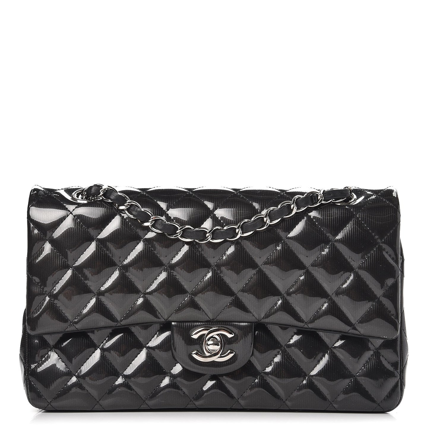 Striated Patent Quilted Medium Double Flap Black
