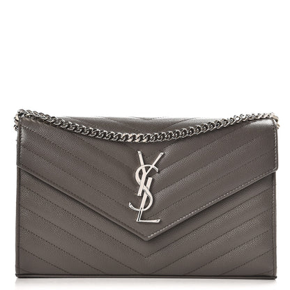 Saint Laurent Grain De Poudre Matelasse Chevron Monogram Chain Wallet Earth 1 of 6