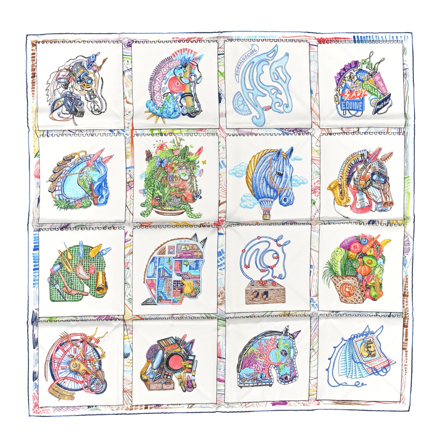 Hermes Silk Chevaloscope Scarf 90 White Bleu Multicolor 1 of 4