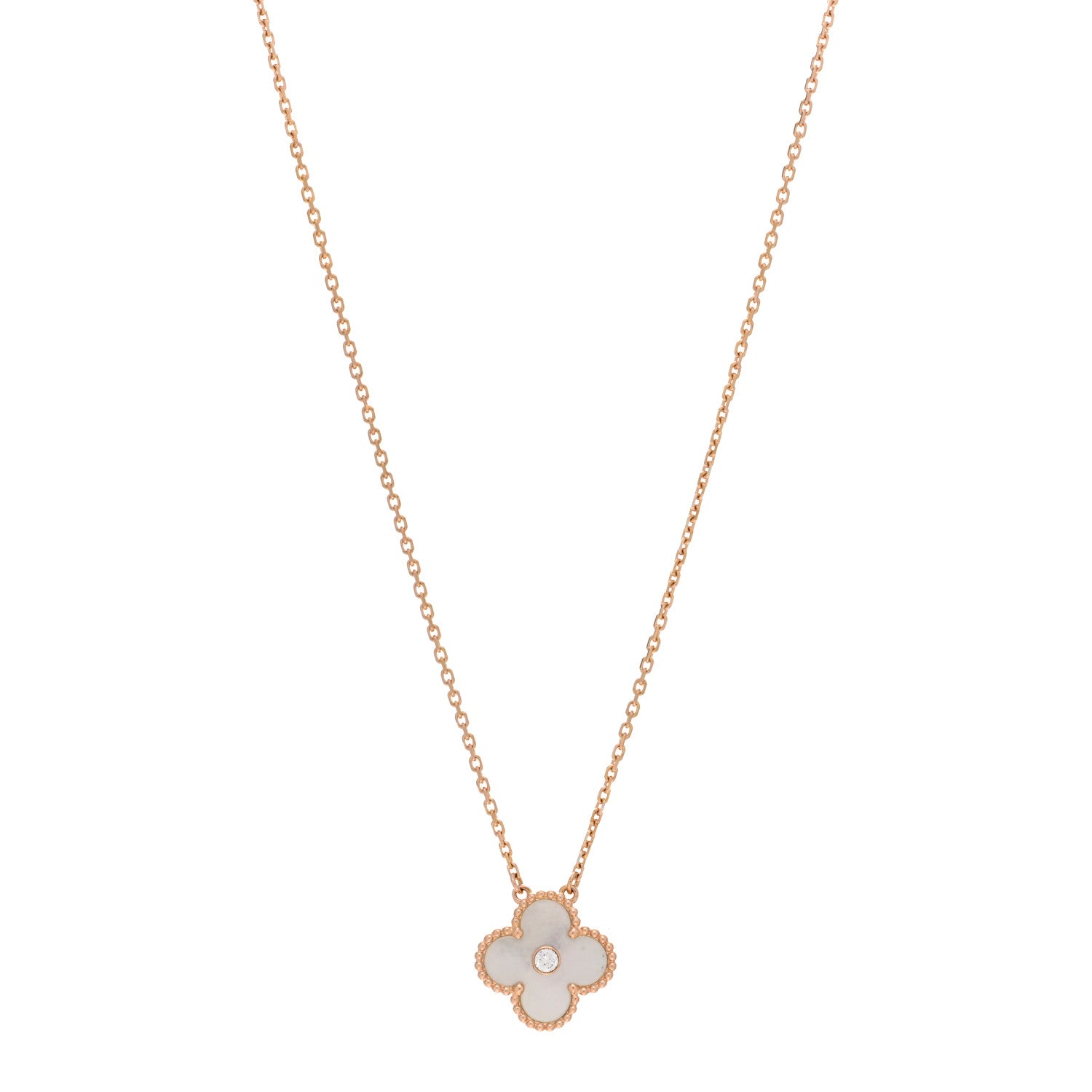 Van Cleef & Arpels 18K Rose Gold Diamond Mother of Pearl Vintage Alhambra Pendant Necklace 1 of 5