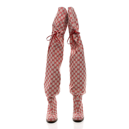 Gucci Monogram Over The Knee Boots 39.5 Gardenia Hibiscus Red 2 of 12