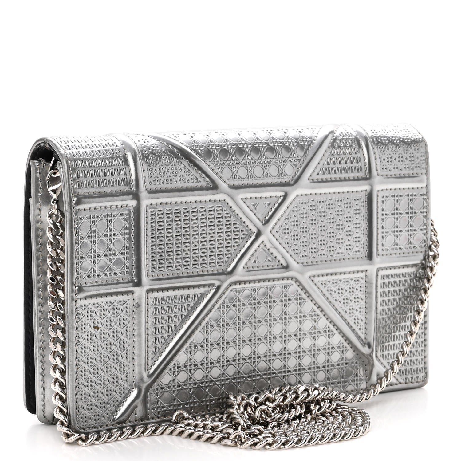 Christian Dior Metallic Patent Micro-Cannage Diorama Wallet on Chain Pouch Silver 3 of 10