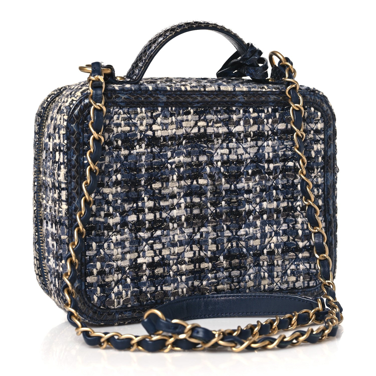 Chanel Tweed Snakeskin Quilted Medium CC Filigree Vanity Case Dark Navy 3 of 10