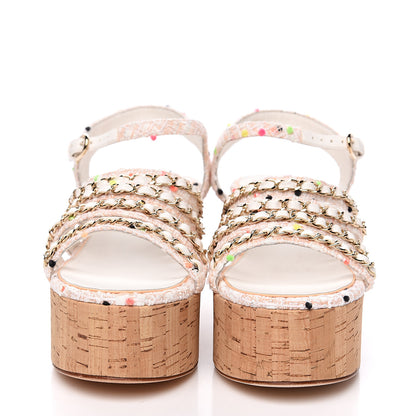 Chanel Tweed Chain Platform Sandals 41 Coral White 2 of 10