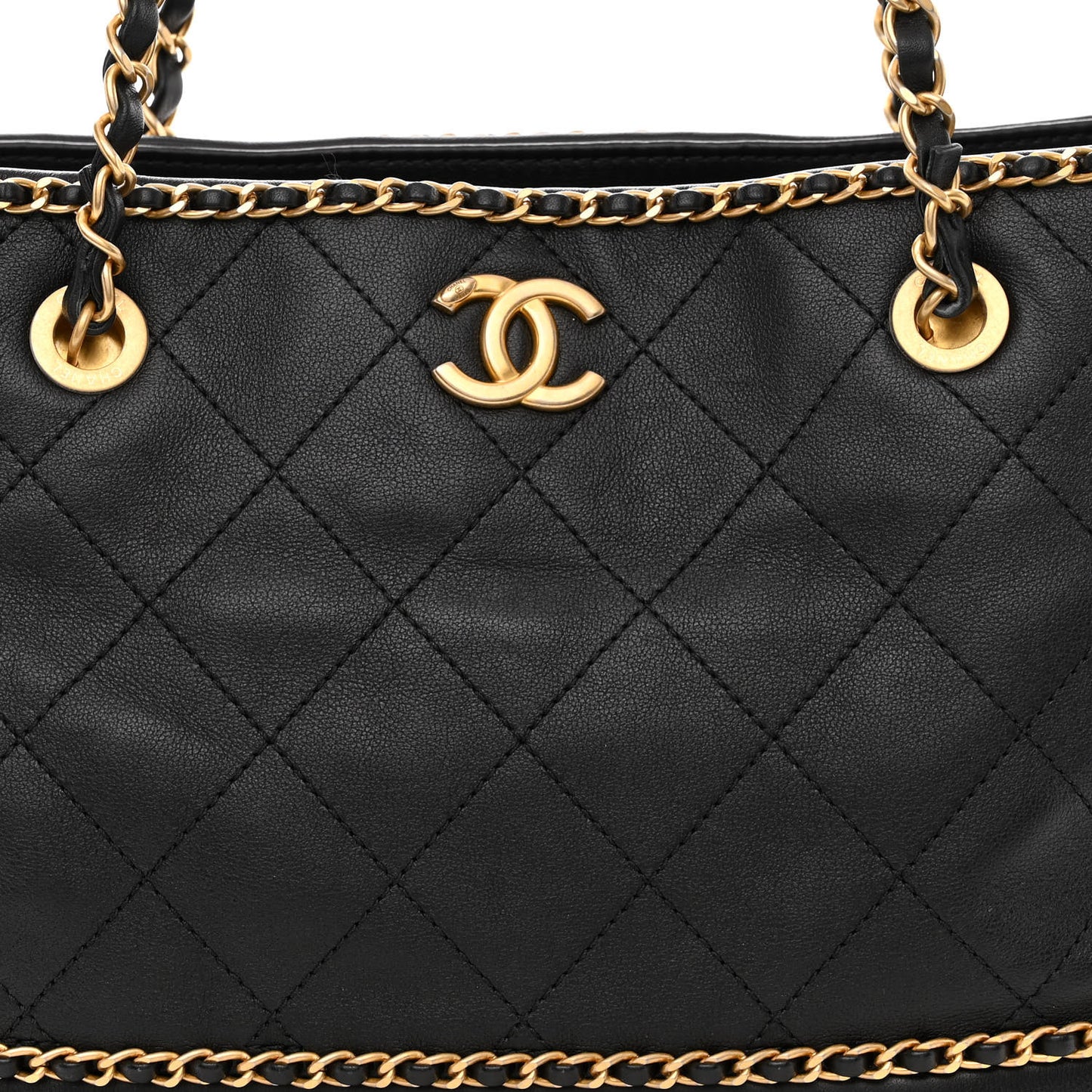 Calfskin Quilted Chain Lines Shopping Tote Black