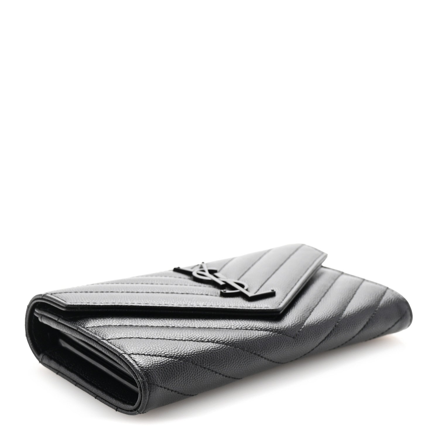 Saint Laurent Grain De Poudre Matelasse Chevron Monogram Flap Wallet Black 4 of 6