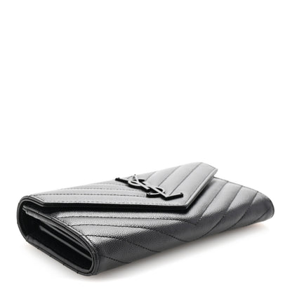 Saint Laurent Grain De Poudre Matelasse Chevron Monogram Flap Wallet Black 4 of 6