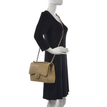 Chanel Caviar Chevron Quilted Jumbo Double Flap Beige 3 of 12