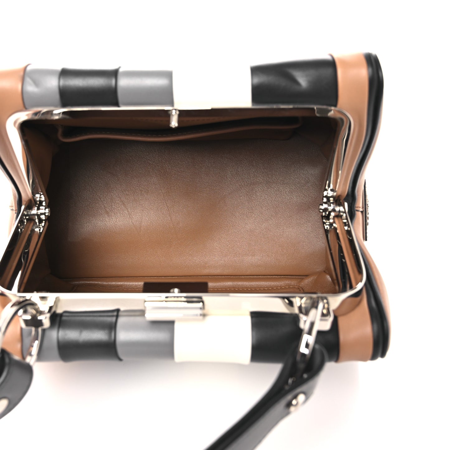 Calfskin Baiadera Striped Frame Bag Caramel Black White