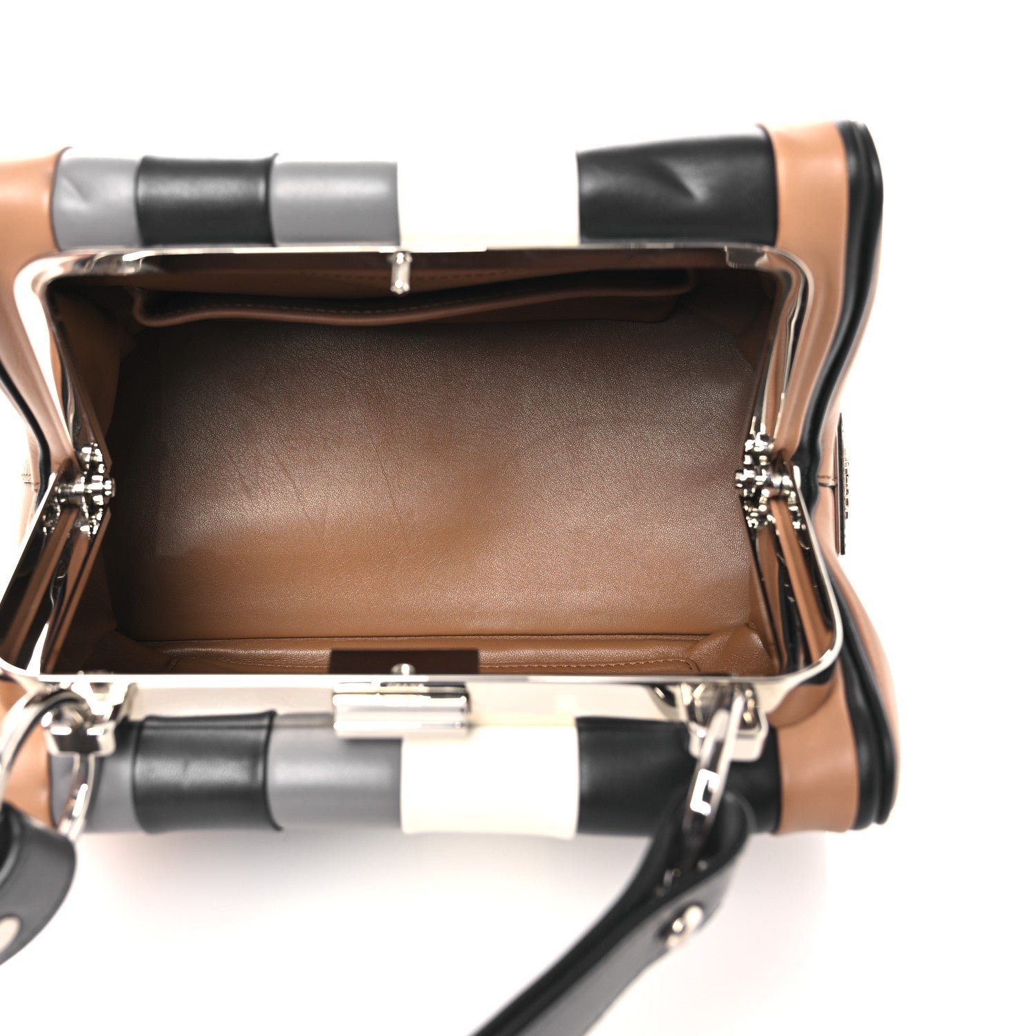 Prada Calfskin Baiadera Striped Frame Bag Caramel Black White 5 of 11
