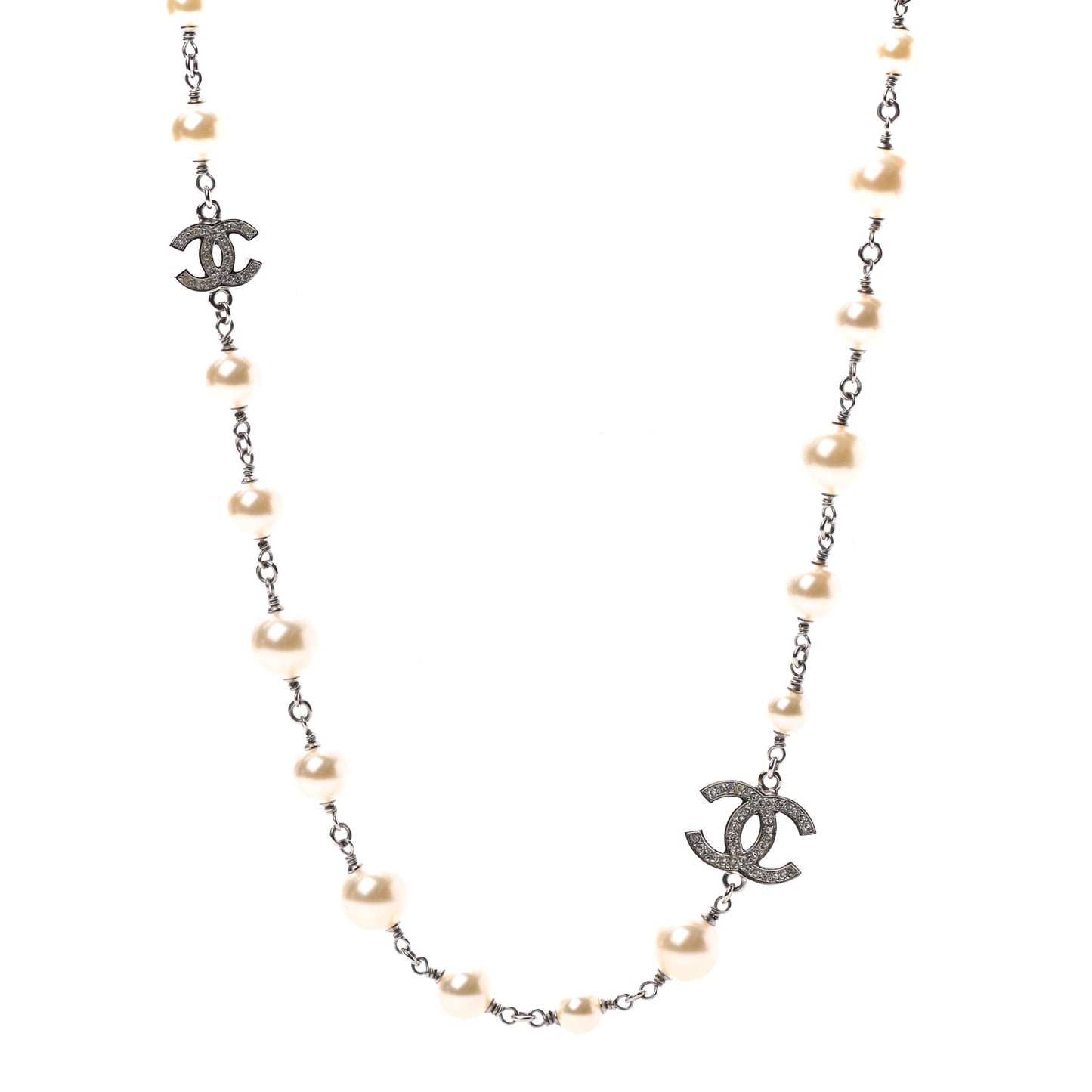 Crystal Pearl CC Long Necklace Silver
