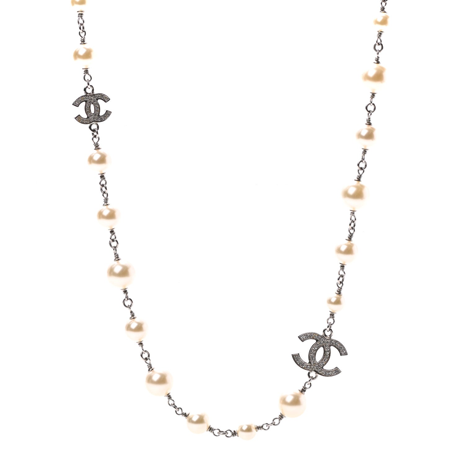 Chanel Crystal Pearl CC Long Necklace Silver 1 of 5