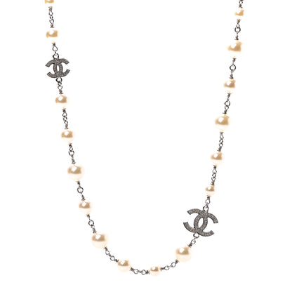 Chanel Crystal Pearl CC Long Necklace Silver 1 of 5