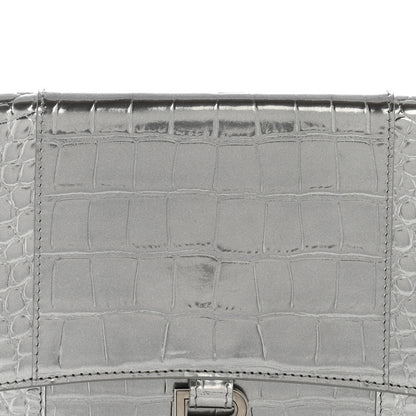 Balenciaga Metallic Calfskin Crocodile Embossed Hourglass Flap Flat Pouch Silver 8 of 15
