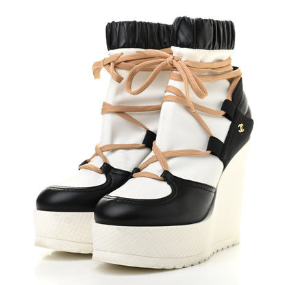 Chanel Patent Calfskin Runway Wedge Short Platform Boots 37 Black White Beige 3 of 7