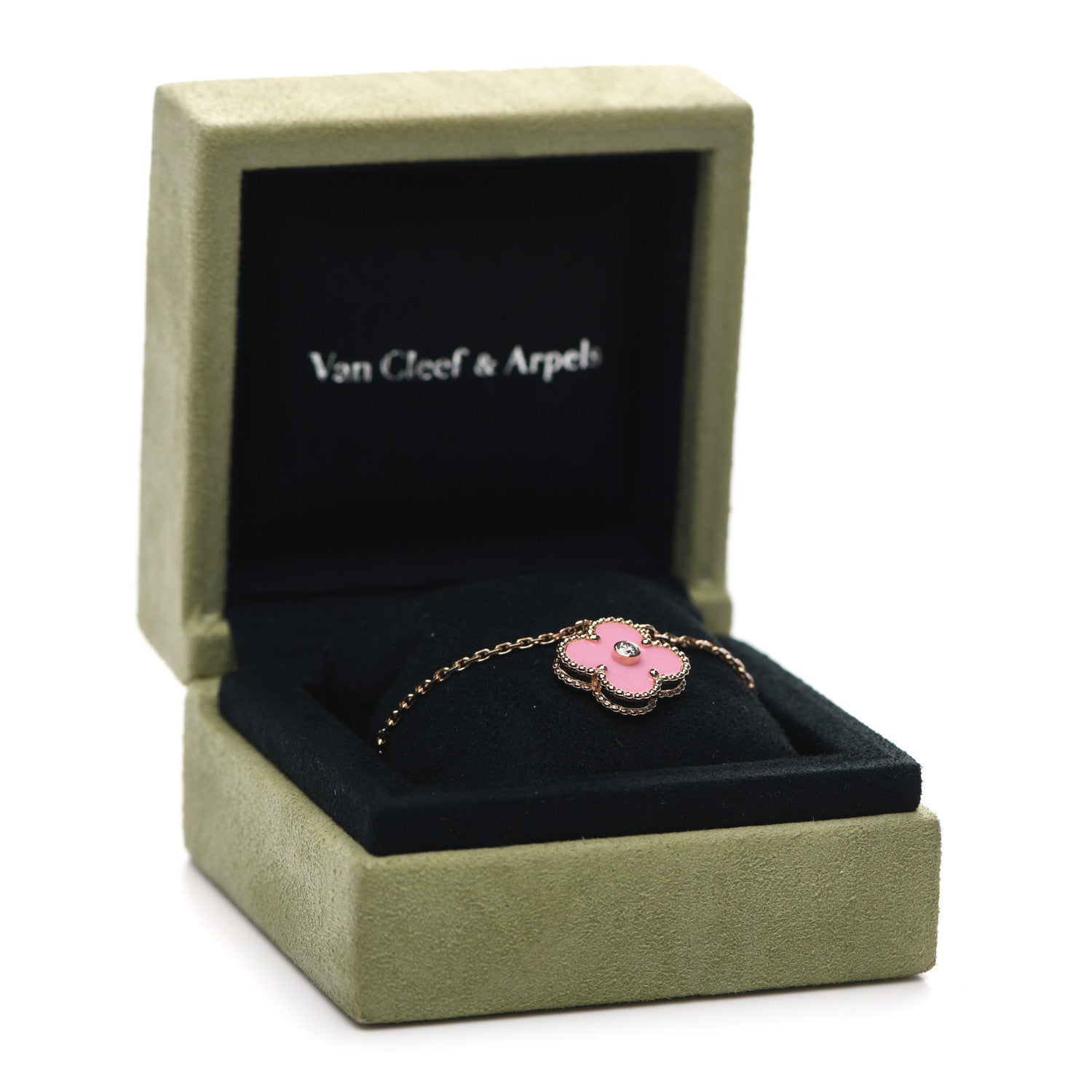 Van Cleef & Arpels 18K Rose Gold Diamond Pink Porcelain Vintage Alhambra Pendant Necklace 6 of 6
