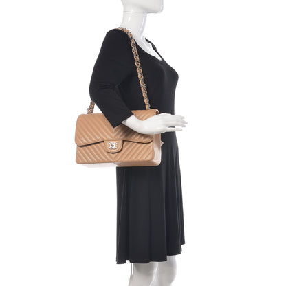 Chanel Caviar Chevron Quilted Jumbo Double Flap Beige 2 of 9