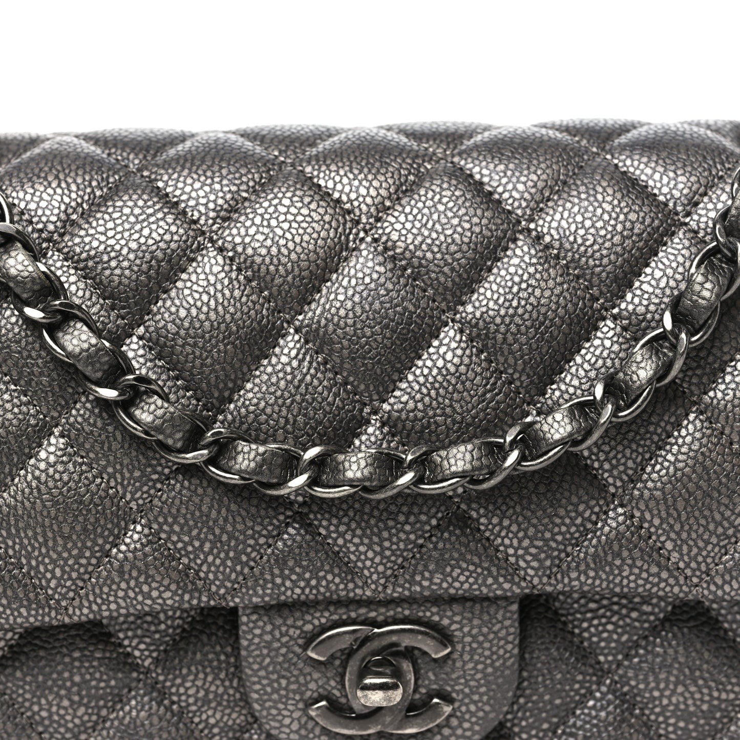 Metallic Caviar Quilted Medium Double Flap Dark Grey