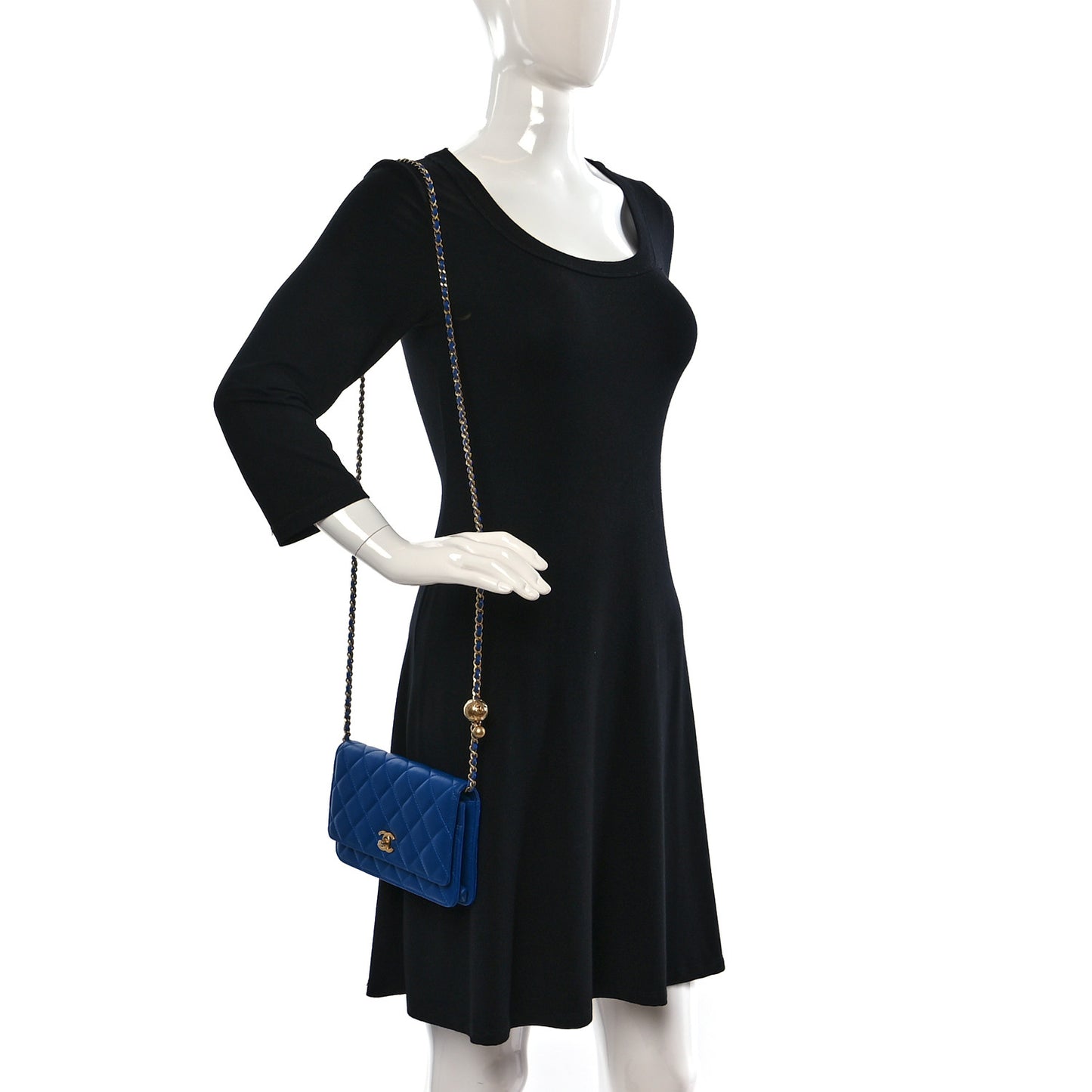 Lambskin Quilted CC Pearl Crush Wallet on Chain WOC Blue