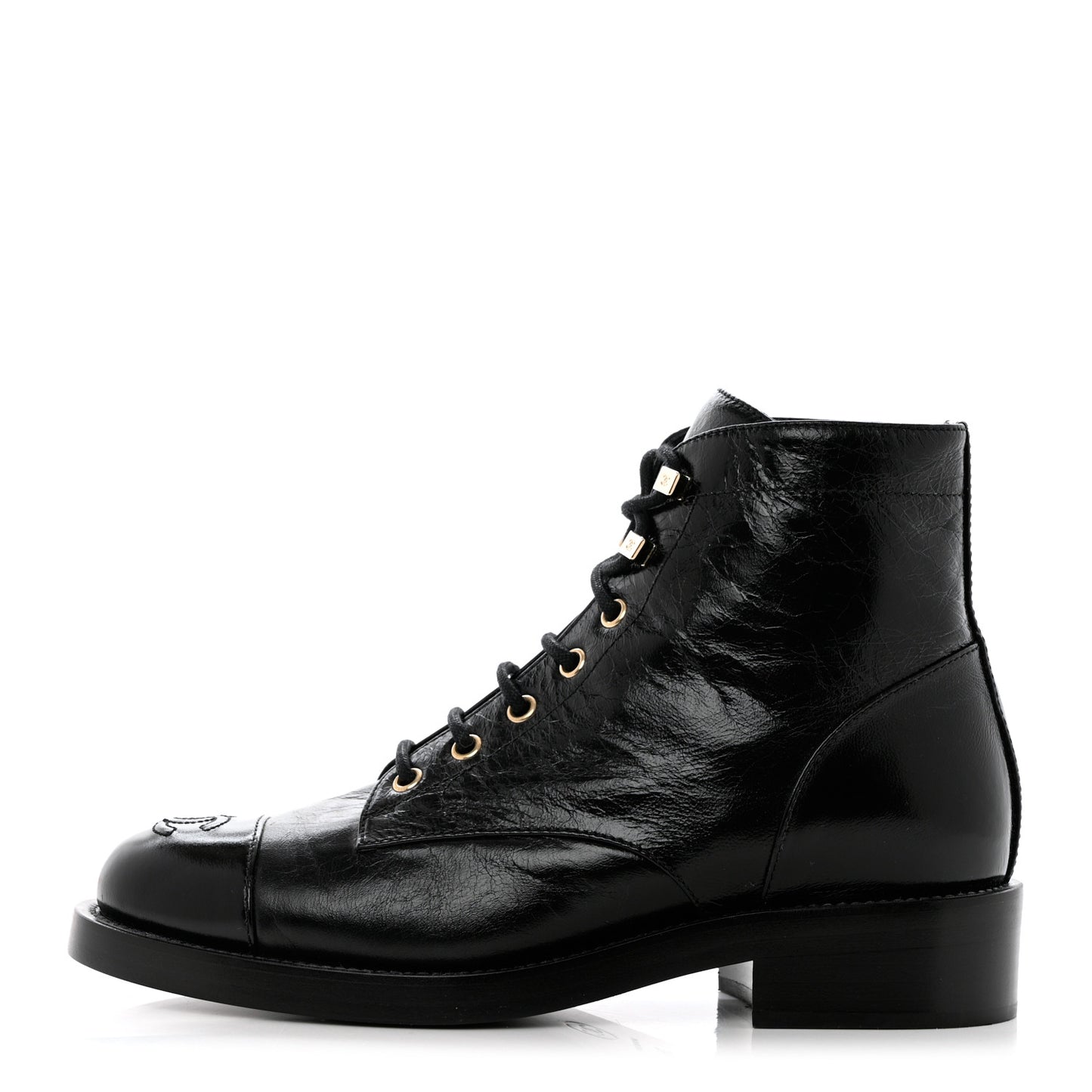Crumpled Lambskin Shiny Calfskin Combat Boots 38.5 Black