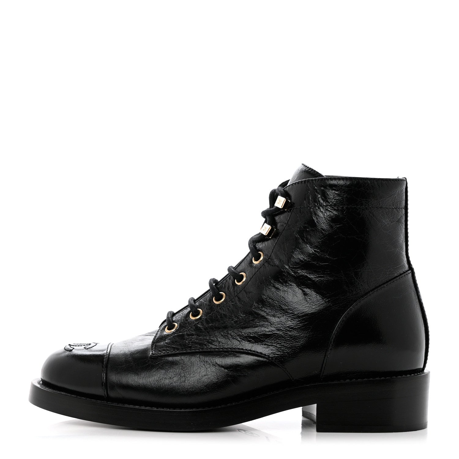 Chanel Crumpled Lambskin Shiny Calfskin Combat Boots 38.5 Black 1 of 8