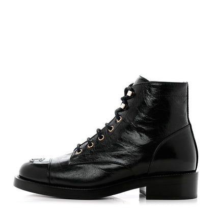 Chanel Crumpled Lambskin Shiny Calfskin Combat Boots 38.5 Black 1 of 8