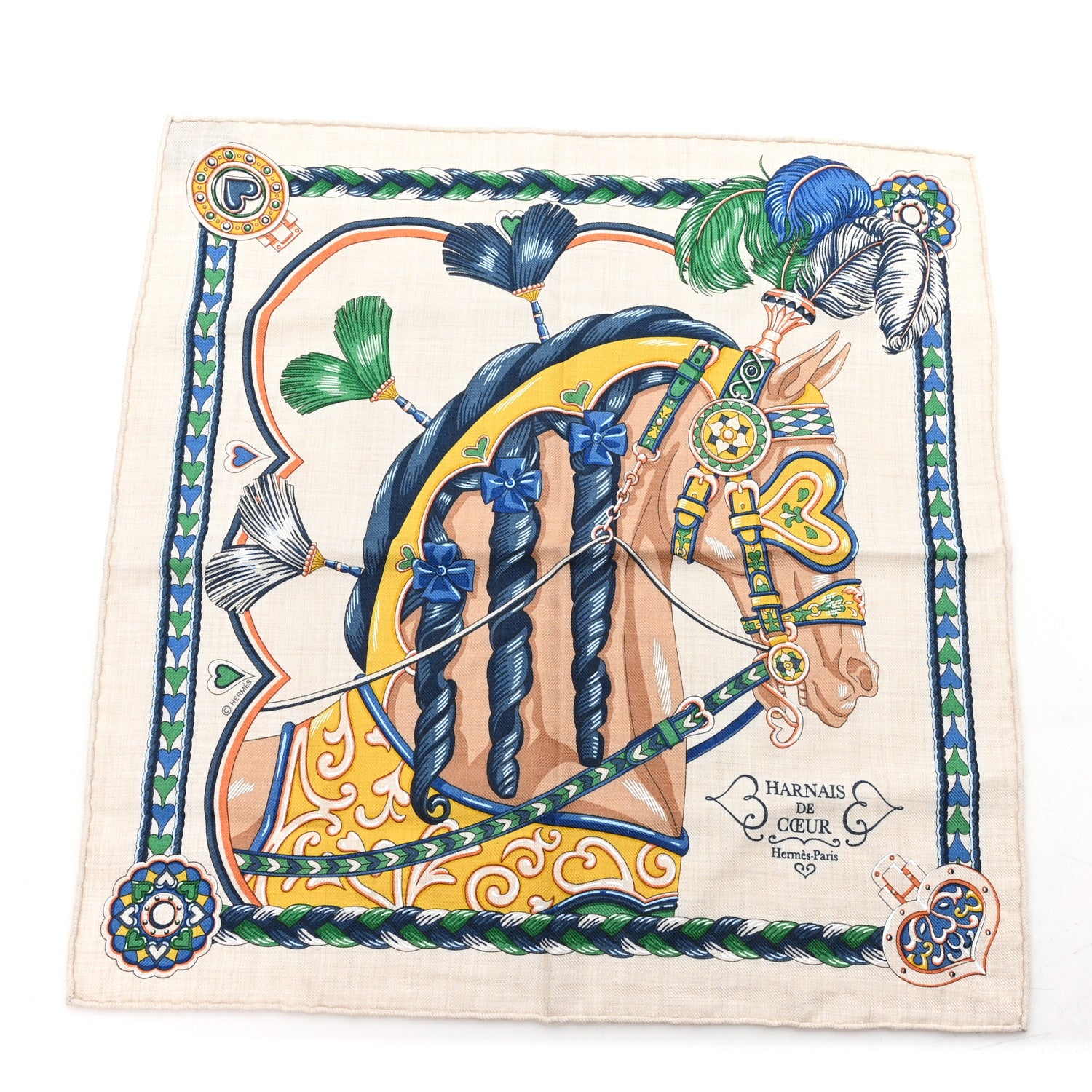 Hermes Cashmere Silk Harnais De Cour Scarf 45 Naturel Vert Bleu 1 of 3