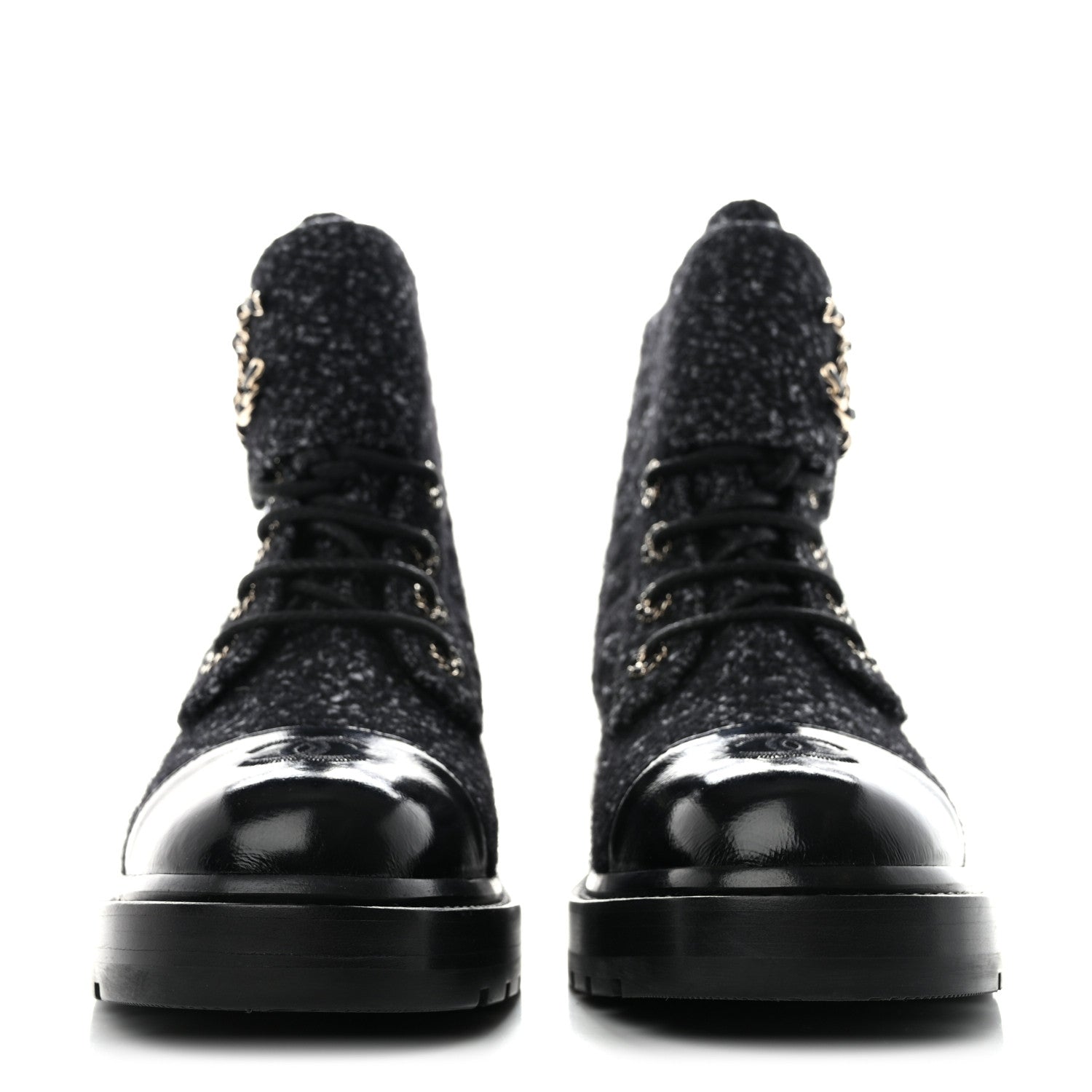 Chanel Tweed Lambskin Quilted Lace Up Combat Boots 41 Black Grey