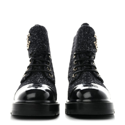Chanel Tweed Lambskin Quilted Lace Up Combat Boots 41 Black Grey 2 of 9