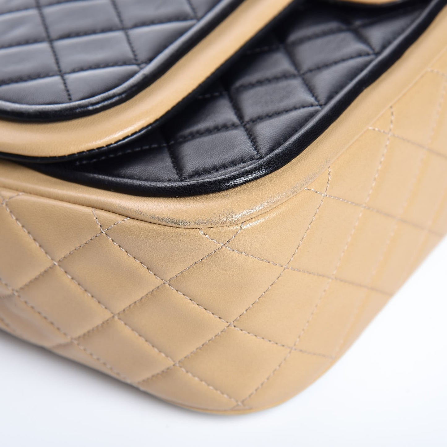 Lambskin Quilted Large Twist Two Tone Flap Bag Black Beige