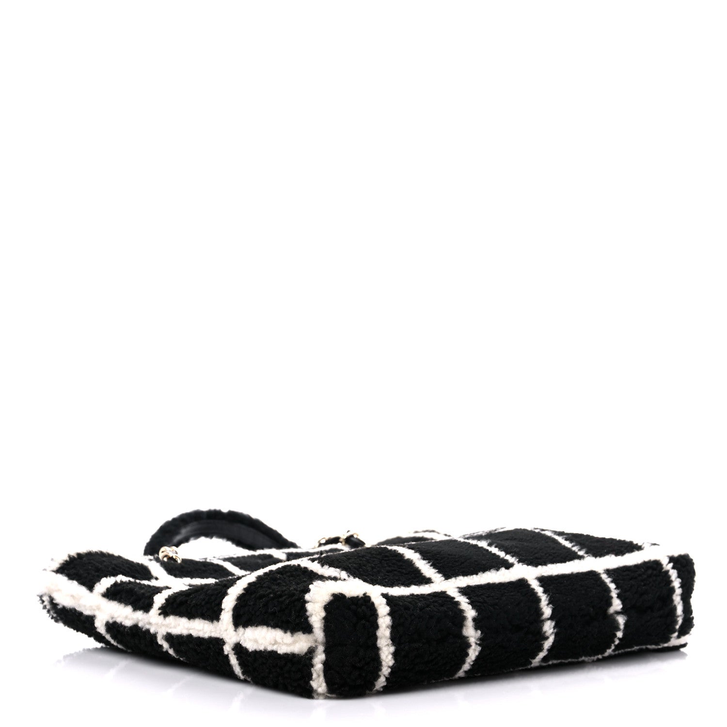 Chanel Shearling Lambskin Fluffy Tartan Shopping Bag Black White 4 of 12