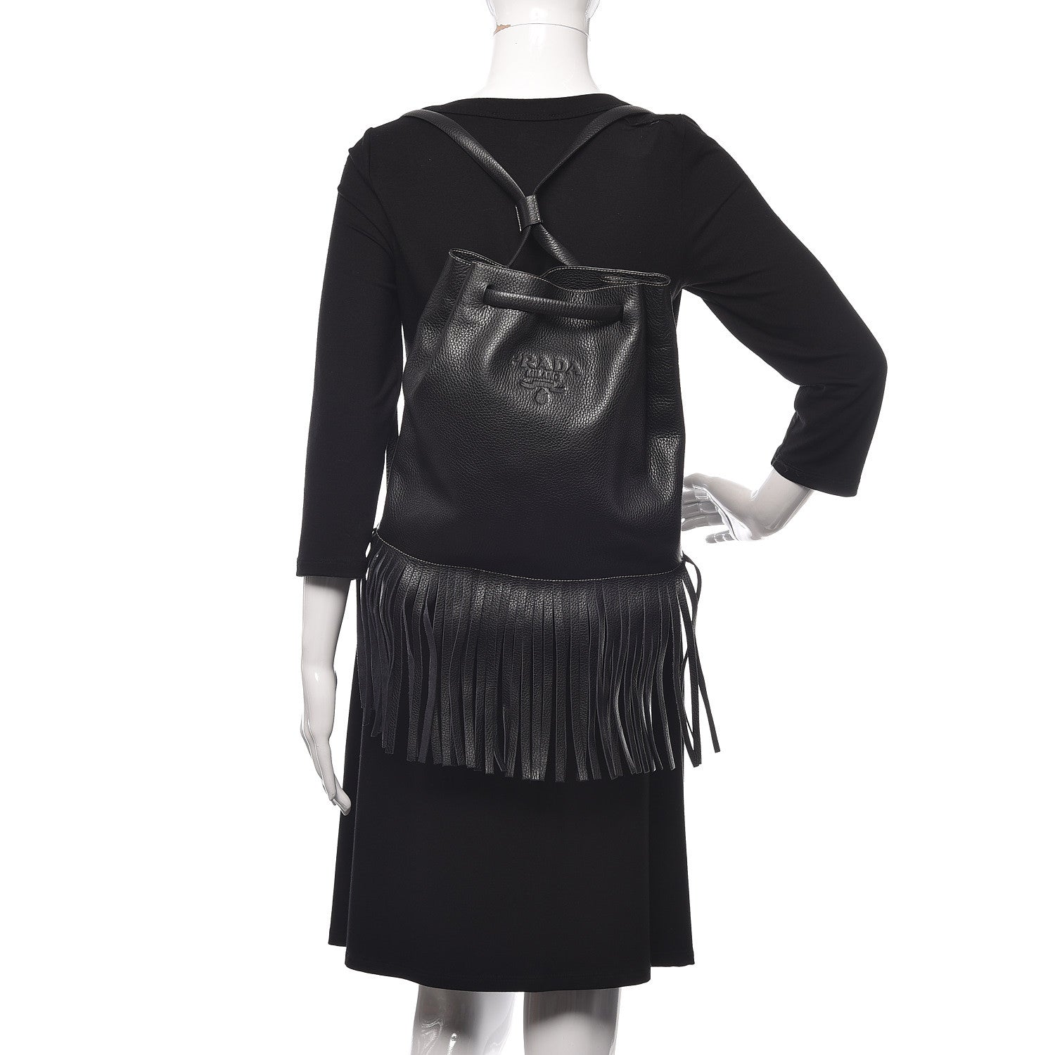 Prada Cervo Deerskin Embossed Logo Fringe Backpack Black 2 of 12