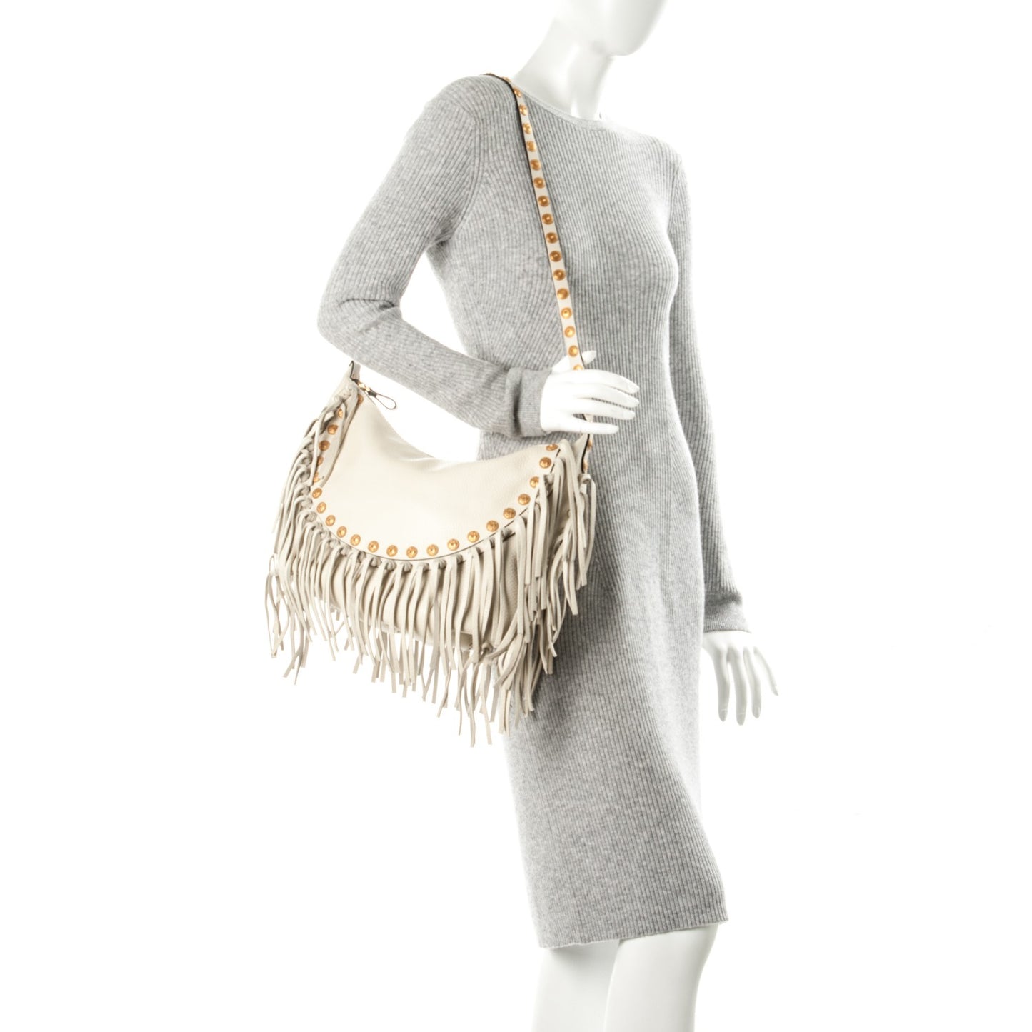 Grained Calfskin C-Rockee Fringe Hobo Light Ivory
