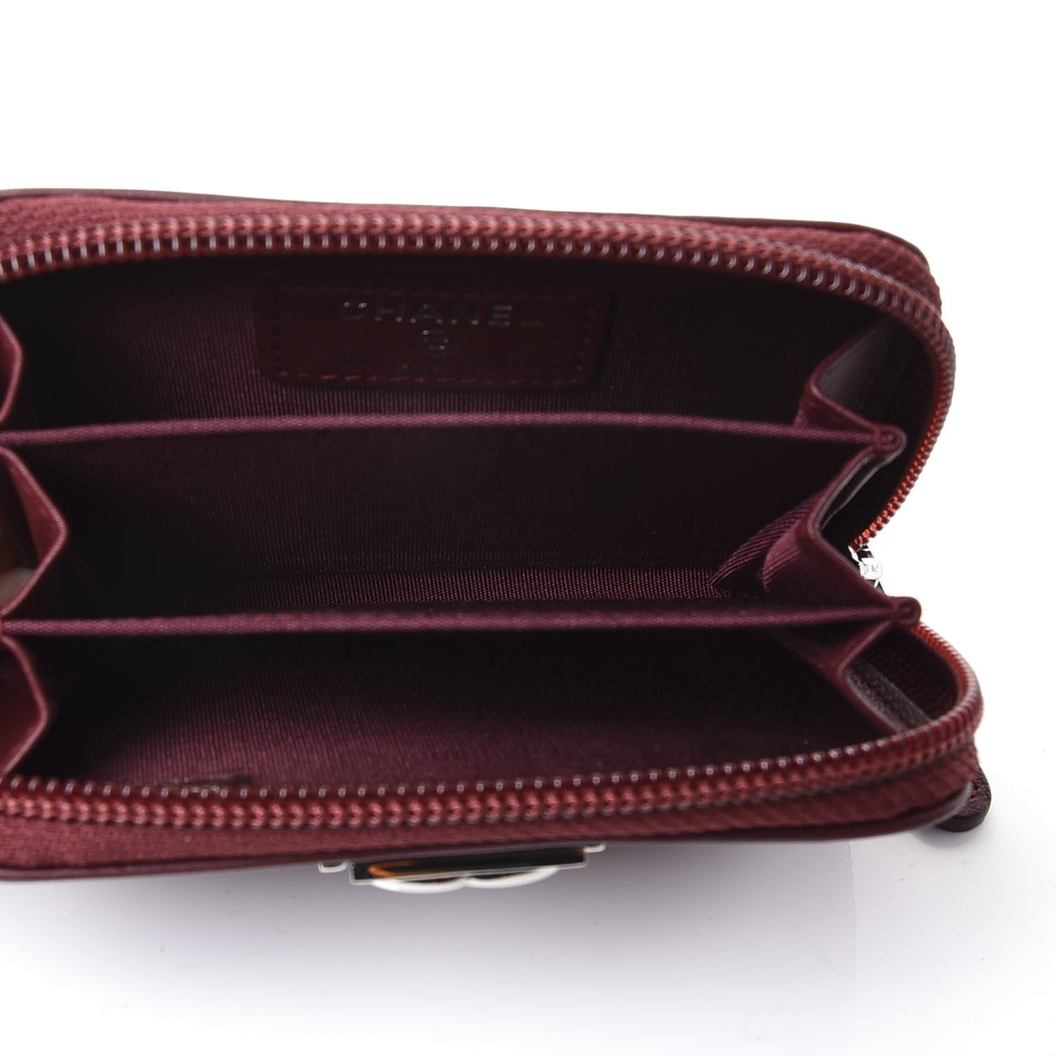 Chanel Lambskin Chevron Quilted Boy Zip Around Coin Purse Wallet Burgundy 4 of 9