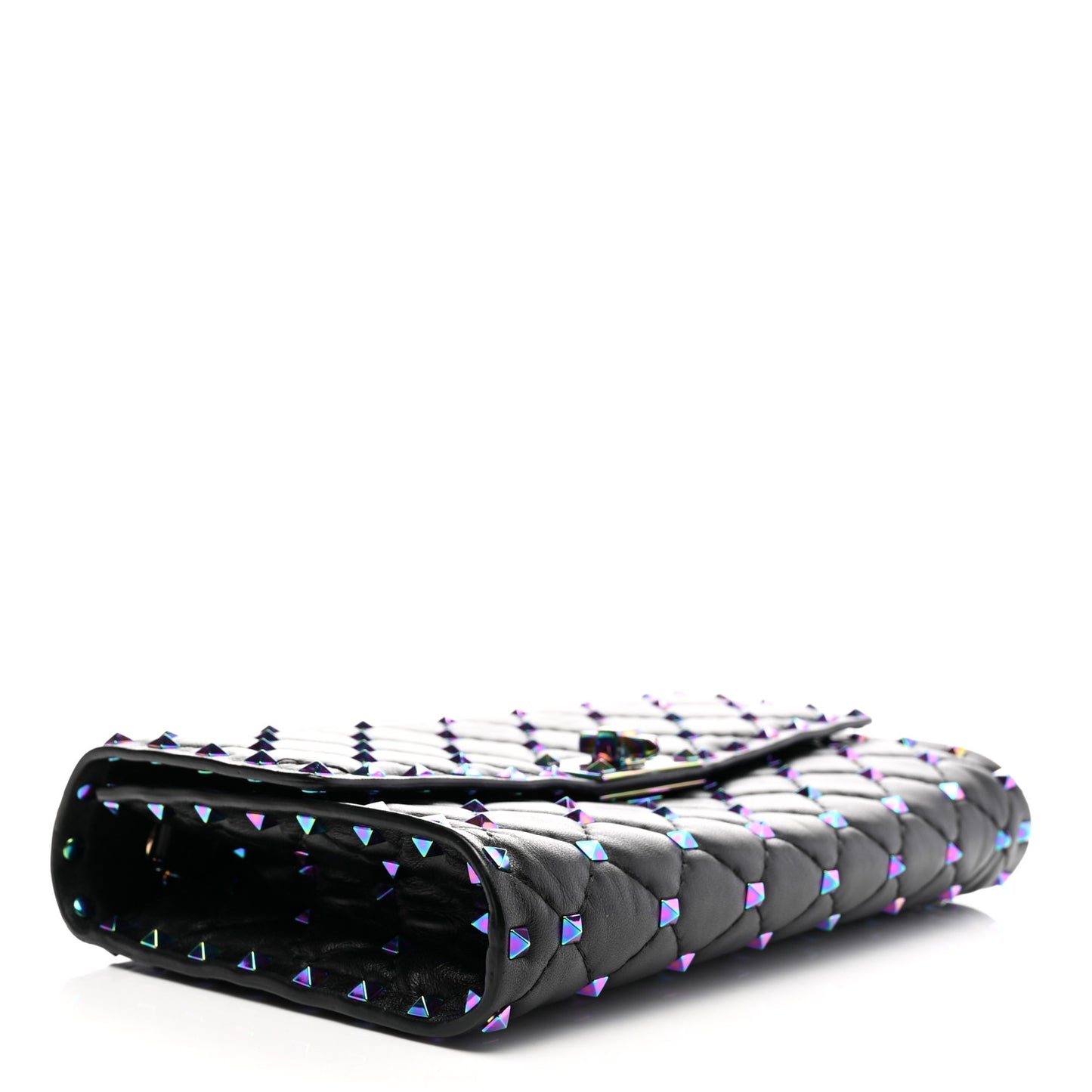 Lambskin Oil Slick Rockstud Spike Wallet on Chain Black