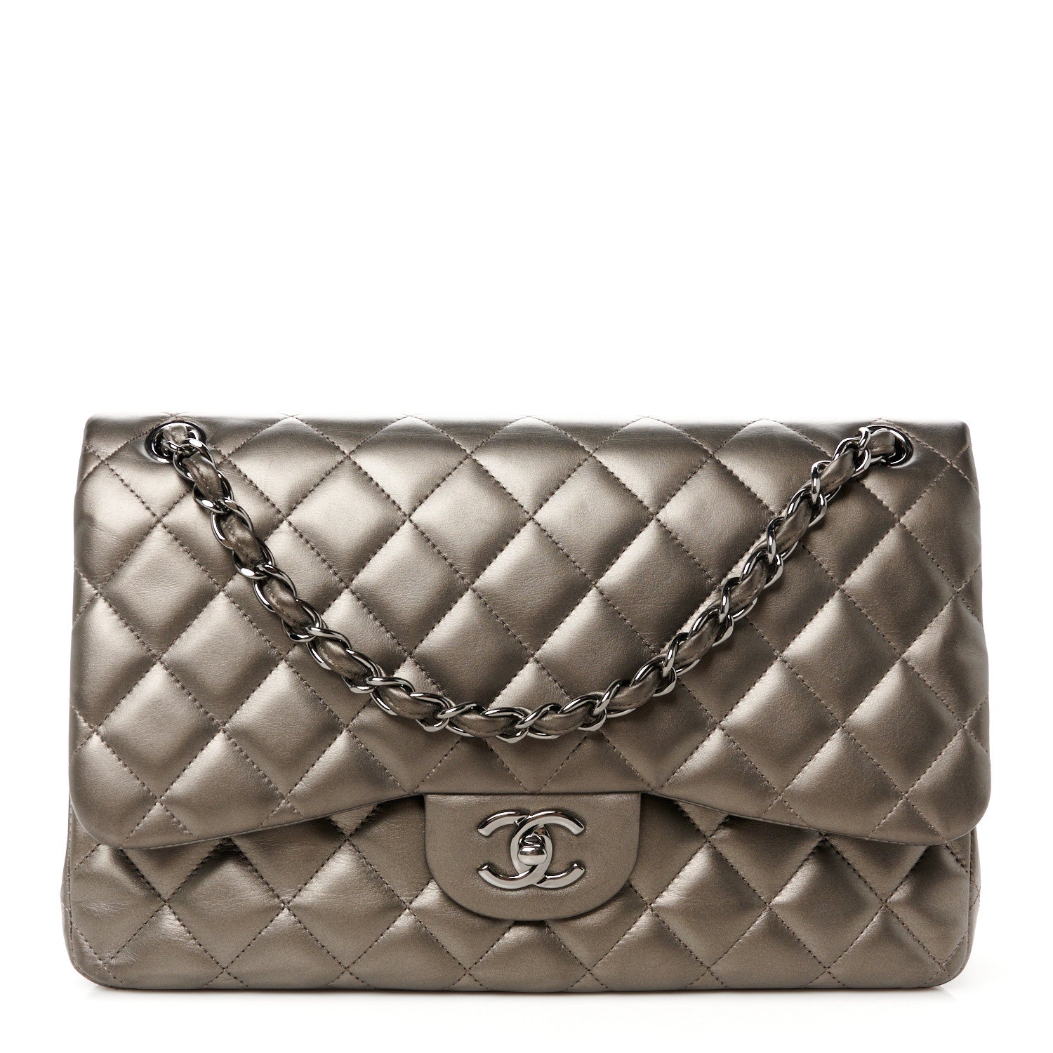 Chanel Metallic Lambskin Quilted Jumbo Double Flap Pewter 1 of 13