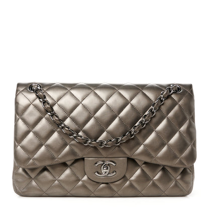 Chanel Metallic Lambskin Quilted Jumbo Double Flap Pewter 1 of 13