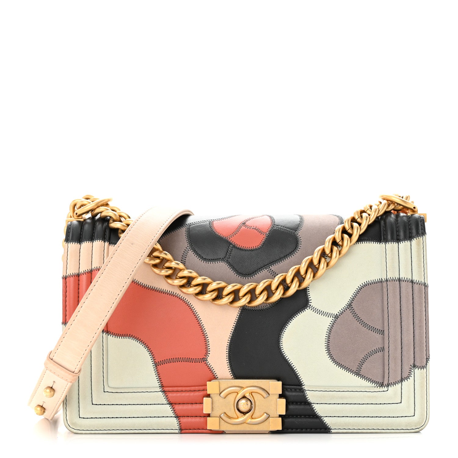 Chanel Lambskin Suede Patchwork Medium Act I Camellia Boy Flap Charcoal Brown Pink 1 of 12