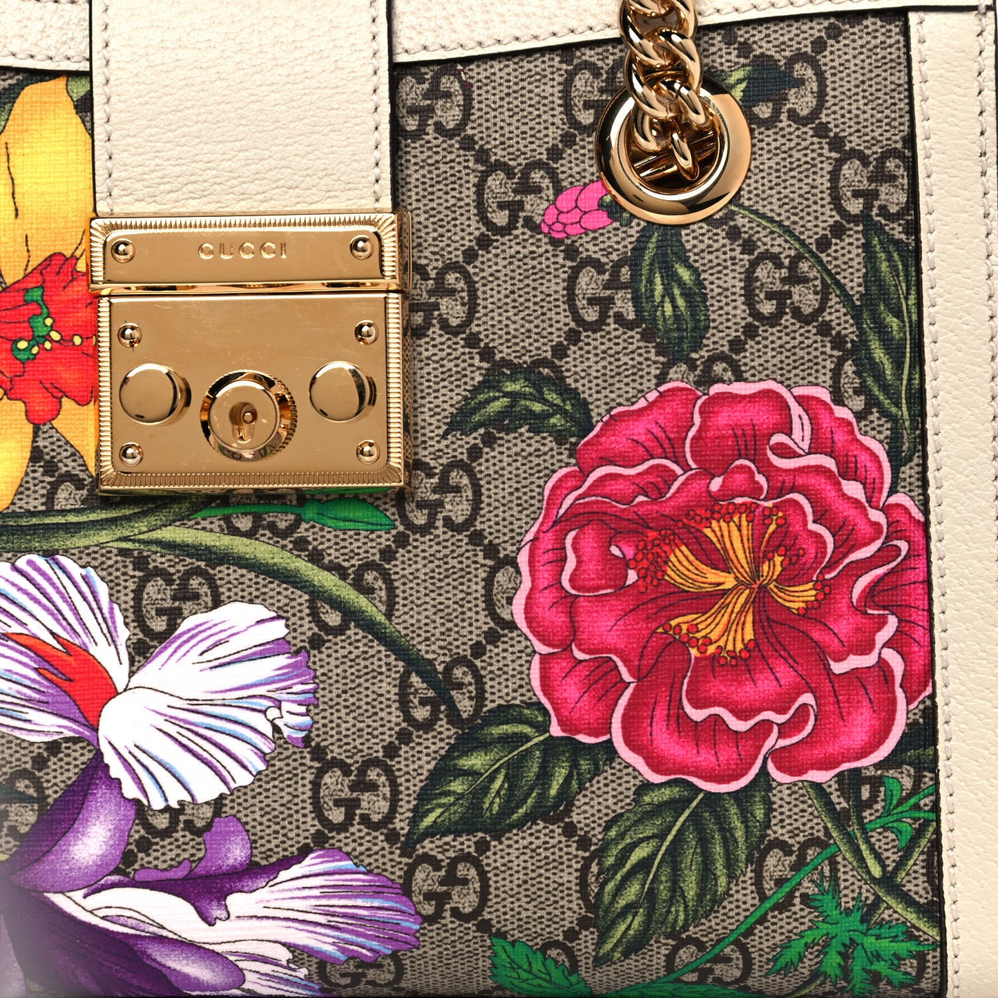 GG Supreme Monogram Flora Textured Calfskin Small Padlock Tote Beige Ebony Multicolor Mystic White