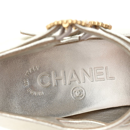 Chanel Laminated Lambskin Grosgrain Cap Toe CC Mary Jane Pumps 37 Silver Black 8 of 9