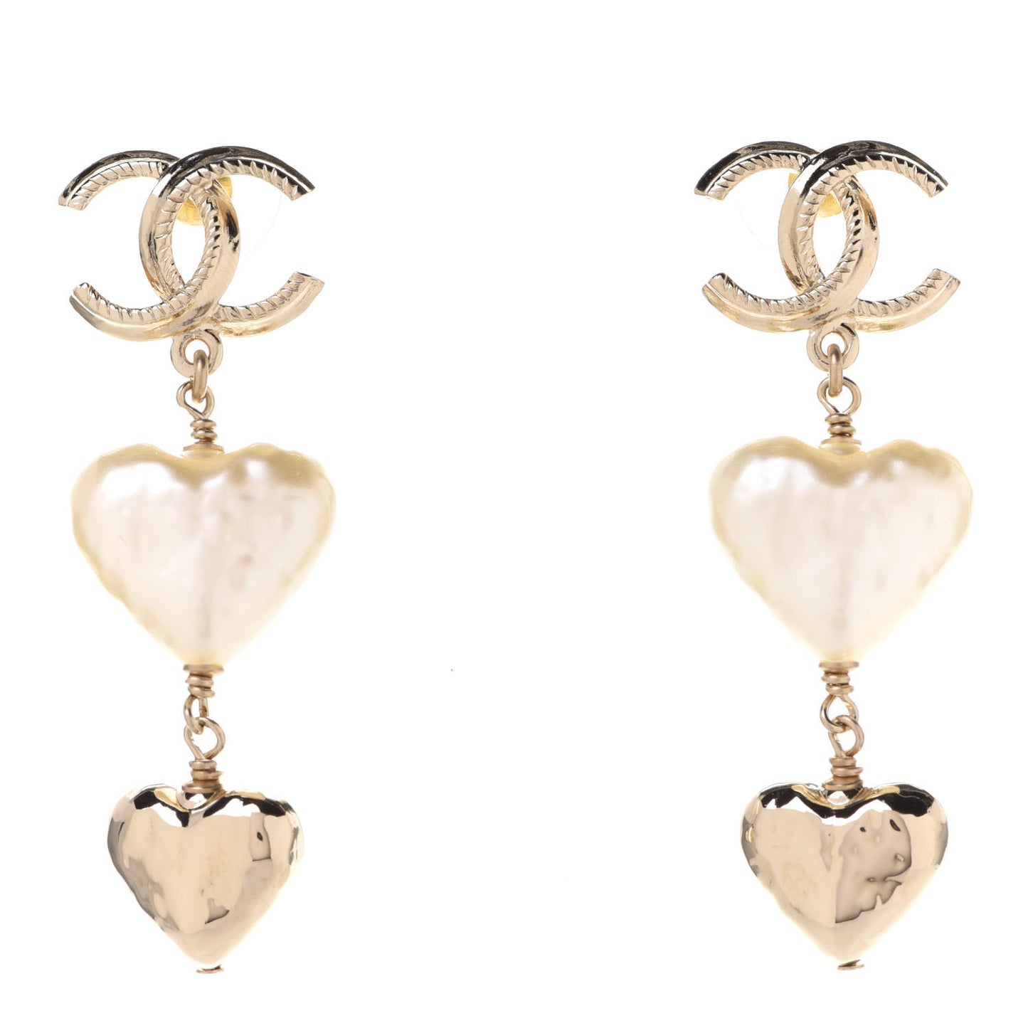 Pearl CC Double Heart Drop Earrings Gold