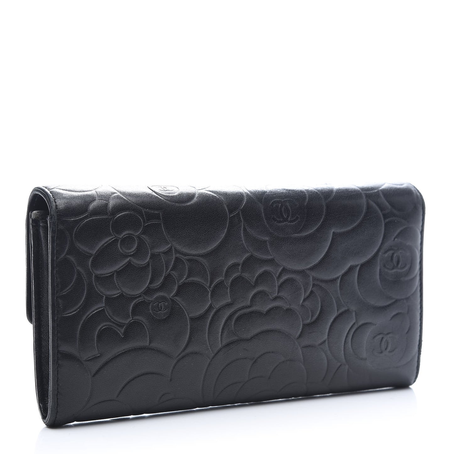 Lambskin Embossed Camellia Large Gusset Flap Wallet Black