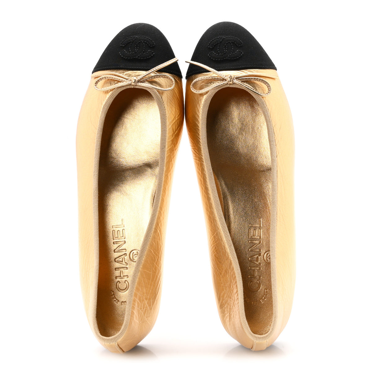 Chanel Metallic Laminated Lambskin Grosgrain CC Cap Toe Ballerina Flats 38 Dark Gold Black 2 of 9