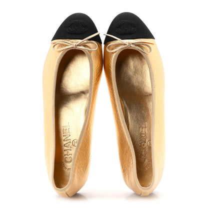 Chanel Metallic Laminated Lambskin Grosgrain CC Cap Toe Ballerina Flats 38 Dark Gold Black 2 of 9