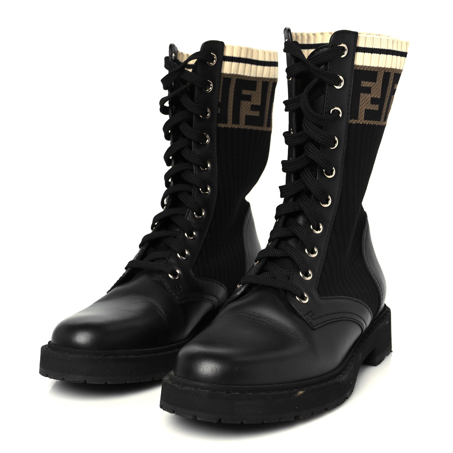 Fendi Calfskin Stretch Fabric Rockoko Biker Boots 36 Tobacco Black