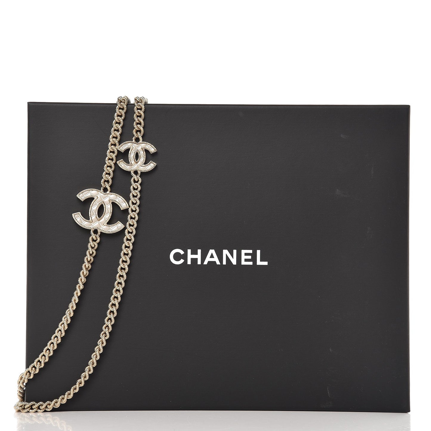 Quilted CC Long Chain Necklace Gold Pearly White