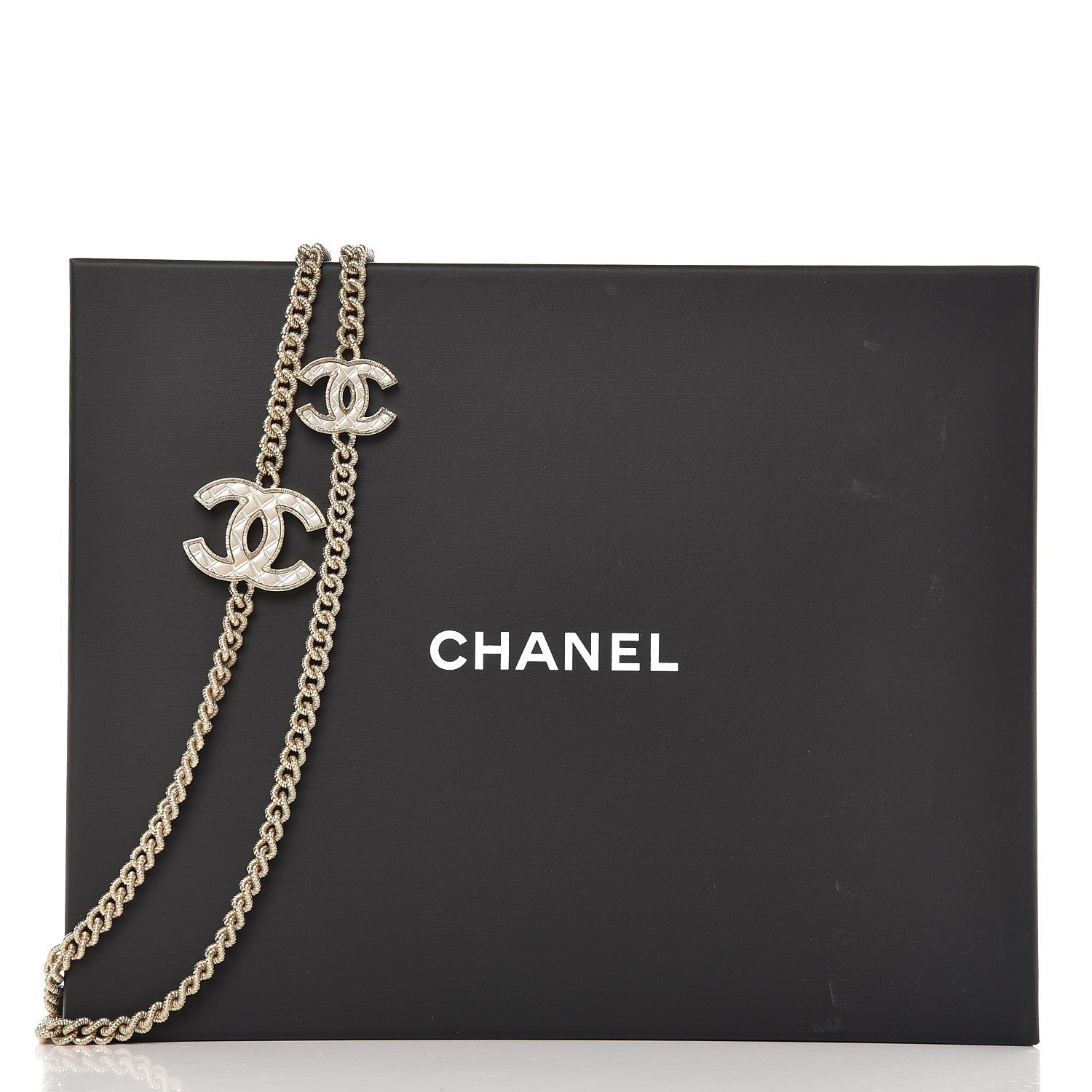 Chanel Quilted CC Long Chain Necklace Gold Pearly White 4 of 5